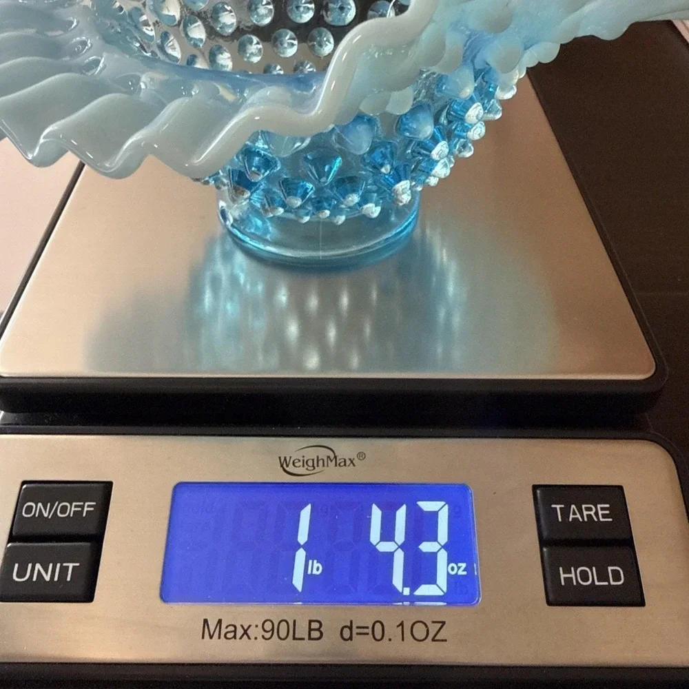 Fenton Blue Opalescent Hobnail‎ Small Basket Ruffled Glass with Handle Vintage